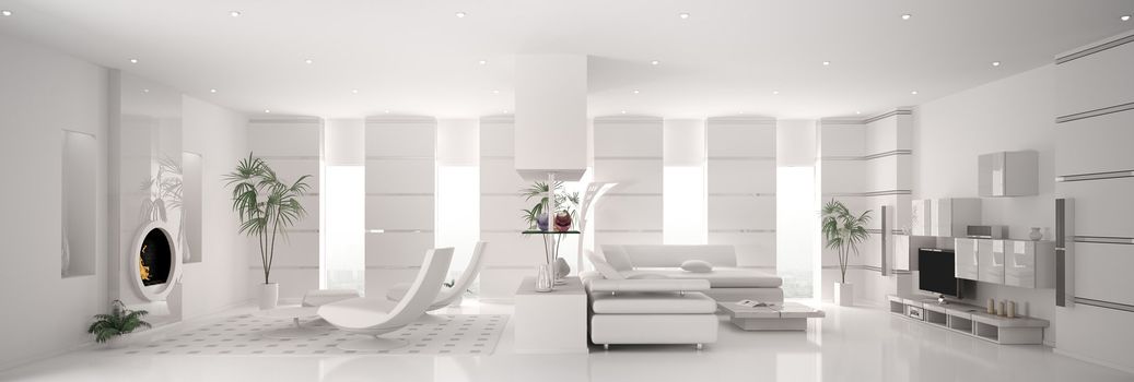 Interior of modern white apartment panorama 3d render