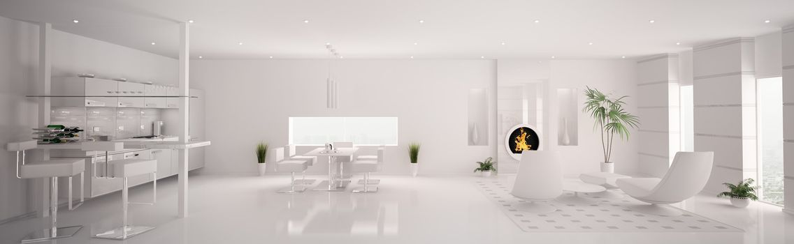 Interior of modern white apartment living room kitchen panorama 3d render