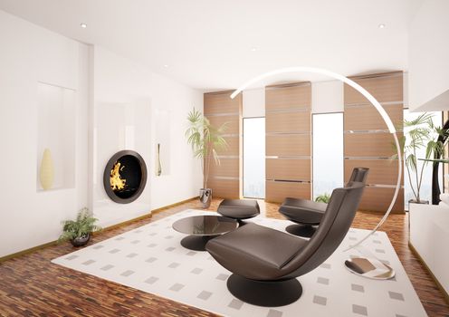 Modern interior of living room with fireplace 3d render
