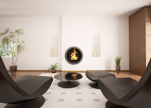 Modern interior of living room with fireplace and two black armchairs 3d render