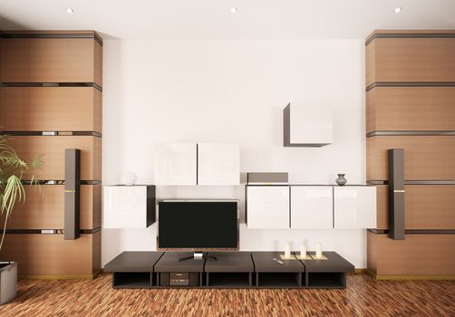 Modern interior with LCD and speakers 3d render