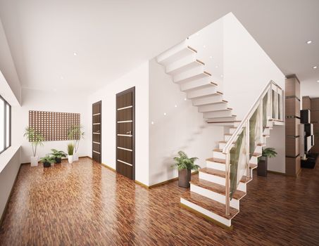 Interior of modern entrance hall with staircase 3d render