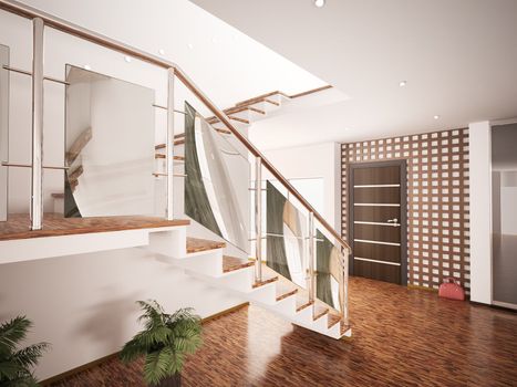 Interior of modern entrance hall with staircase 3d render