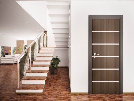 Interior of modern entrance hall with staircase 3d render