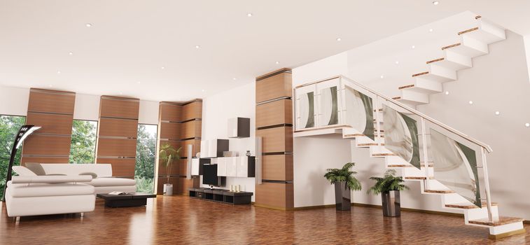 Modern apartment with staircase interior panorama 3d render