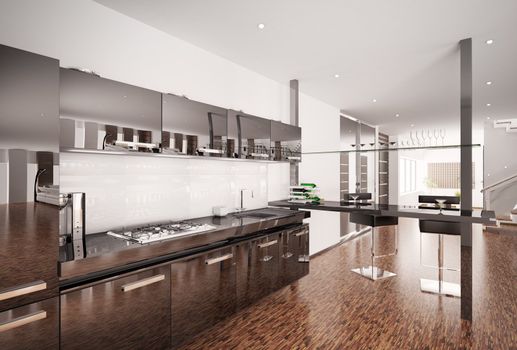 Interior of modern black kitchen 3d render