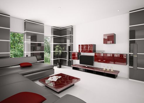 Modern living room with black sofa red table and LCD interior 3d render