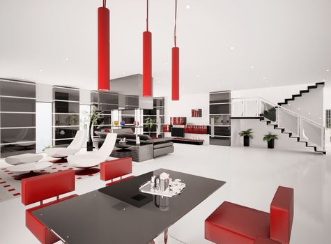 Interior of modern apartment living room dining area 3d render