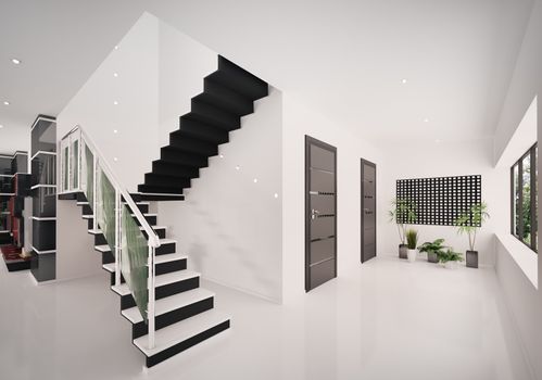 Interior of modern entrance hall with staircase 3d render