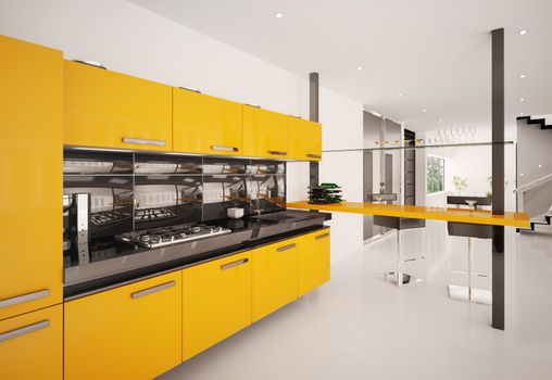 Interior of modern orange kitchen 3d render