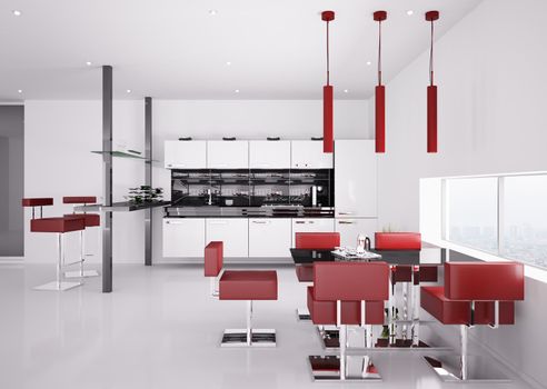 Interior of modern white kitchen with red chairs 3d render