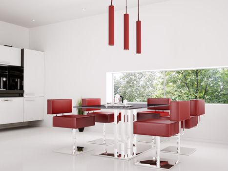 Interior of dining room with red leather chairs 3d render