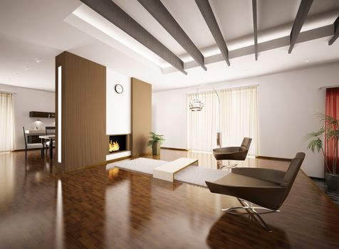Modern apartment interior with fireplace 3d render