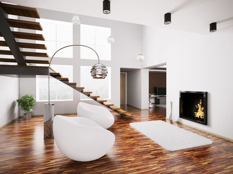 Modern interior with fireplace and staircase 3d render