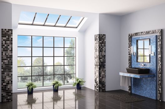 Bathroom with big window interior 3d render