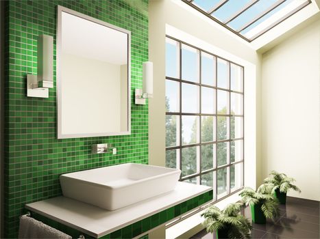 Bathroom with big window interior 3d render