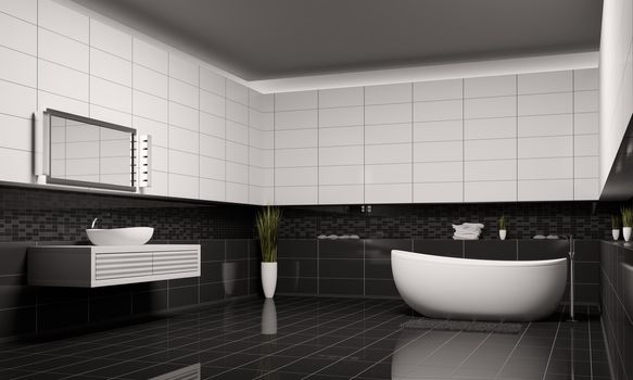 Bathroom with black white walls interior 3d render