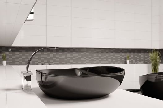 Black washbasin in bathroom 3d render