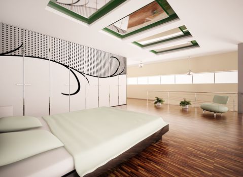 Modern bedroom interior with big pattern on the wardrobe 3d render