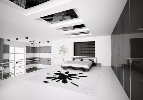 Interior of modern white black bedroom 3d render