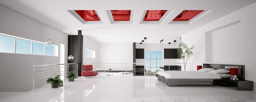 Interior of modern white red black bedroom panorama 3d render