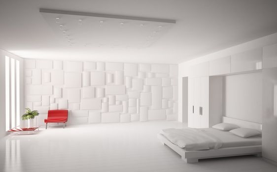 Modern white bedroom with red armchair interior 3d render