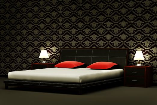 bedroom with damask wallpaper interior 3d render