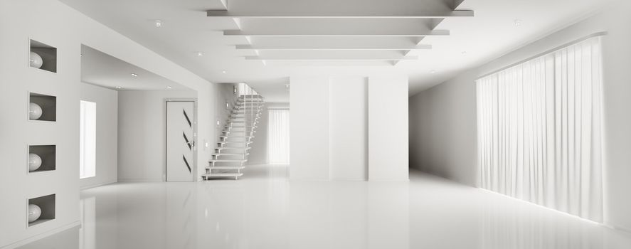 Interior of modern white apartment panorama 3d render