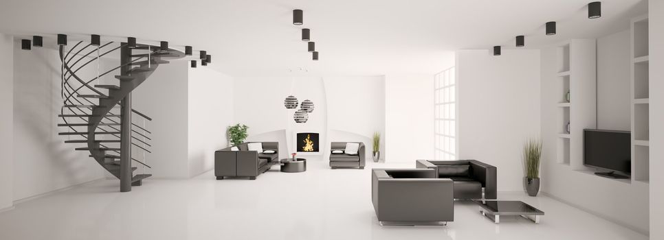 Apartment with stair and fireplace interior panorama 3d render