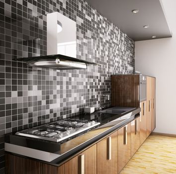Modern ebony wood kitchen with sink,gas cooktop and hood interior 3d