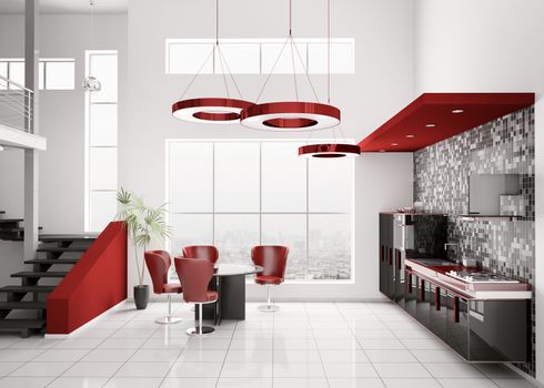 Interior of modern black white red kitchen 3d render