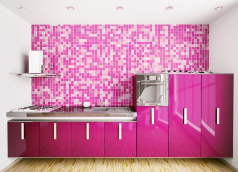 Interior of modern purple kitchen over mosaic wall 3d render