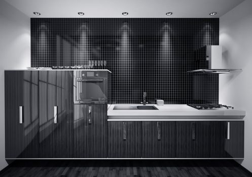 Interior of modern kitchen made with wood over mosaic wall 3d render