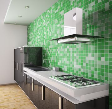 Modern black kitchen over the green mosaic wall interior 3d