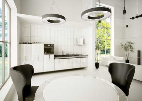 Interior of modern white kitchen 3d render