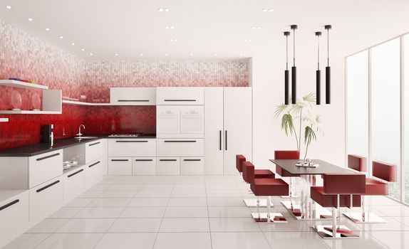 Interior of modern white kitchen with red gradient mosaic walls 3d render