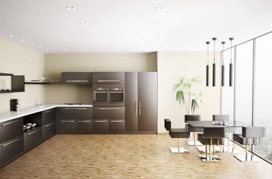 Interior of modern black kitchen 3d render