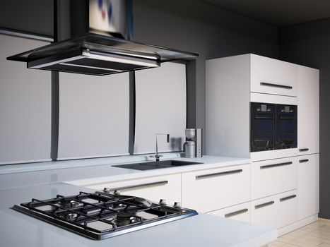 Interior of modern kitchen with gas cooker 3d render