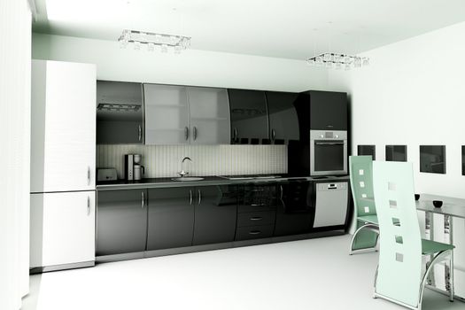 Interior of modern black kitchen 3d render