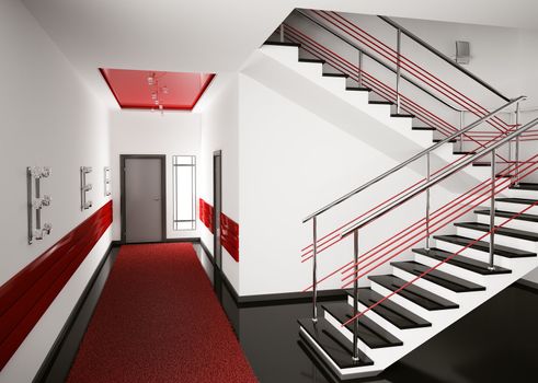 Modern interior of hall with stair 3d render