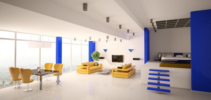 Modern apartment, Living room and bedroom, panorama 3d