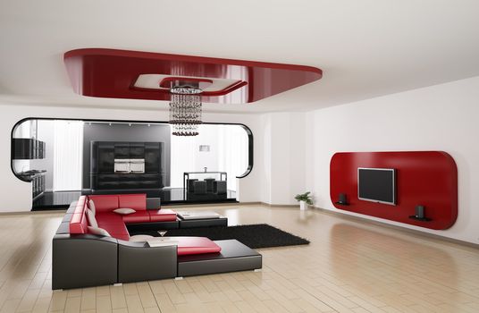 Interior of apartment. Living room, kitchen 3d render