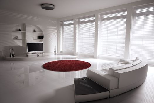 Living room with sofa and lcd tv interior 3d render