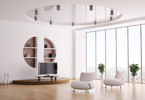 Interior of living room with white armchairs and lcd 3d render