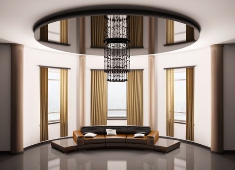 Round room with round brown sofa interior 3d render