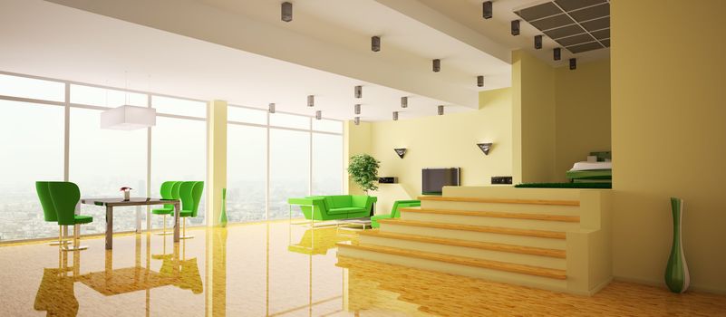 Modern apartment with yellow walls and wood floor interior panorama 3d