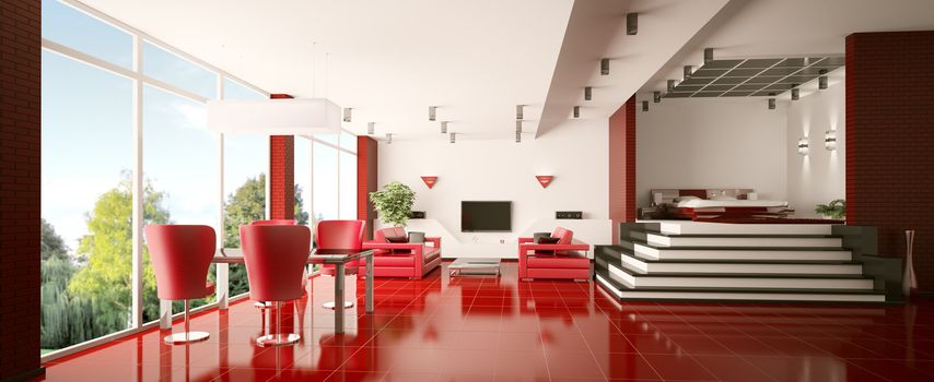 Modern apartment with red tiled floor interior panorama 3d render