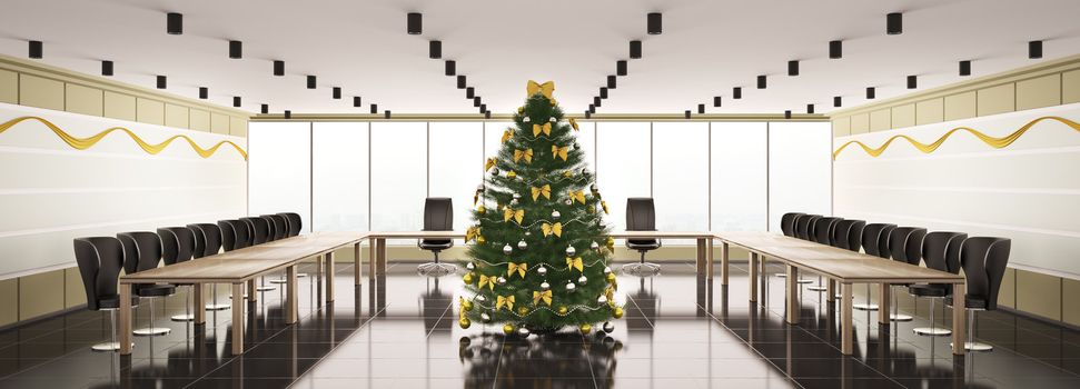 Christmas fir tree in modern boardroom interior panorama 3d