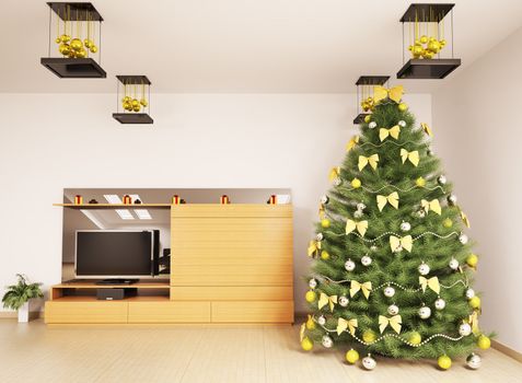 Christmas fir tree with decorations in modern living room interior 3d render