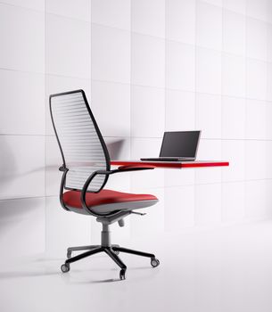 Workplacer in white. Laptop,chair,table 3d